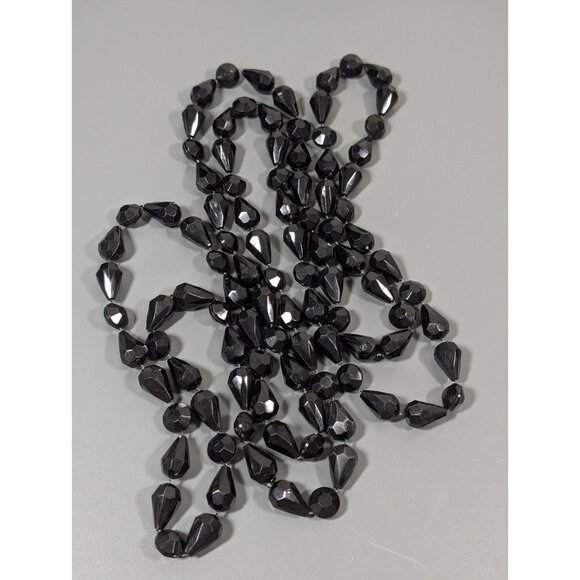 Vintage Black Lucite‎ Teardrop Faceted Bead Long Necklace 60 inch Opera - Picture 2 of 7